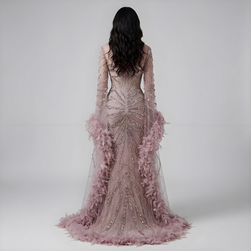 Modest Pink Feathers Long Cape Sleeves Mermaid Evening Dress LA72708A