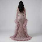 Modest Pink Feathers Long Cape Sleeves Mermaid Evening Dress LA72708A