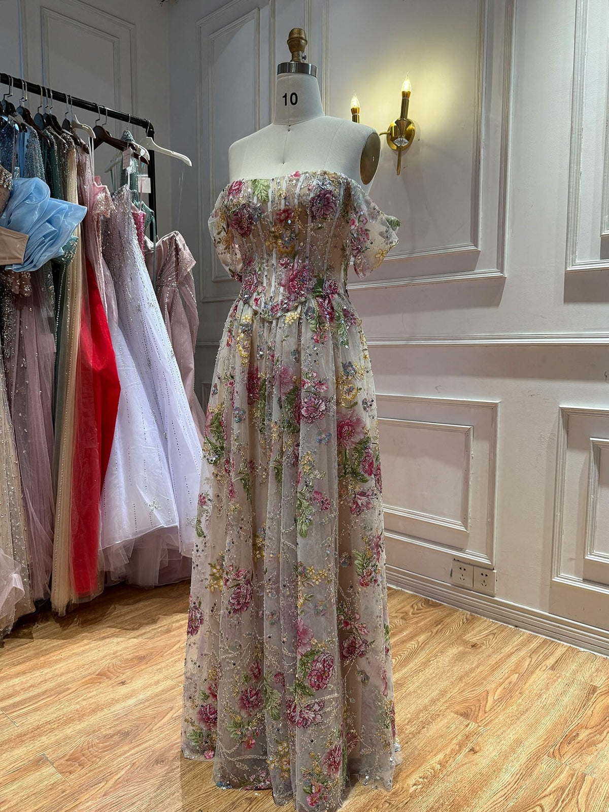 Elegant Pink Floral Beaded Off Shoulder A Line Prom Dress LA72709B