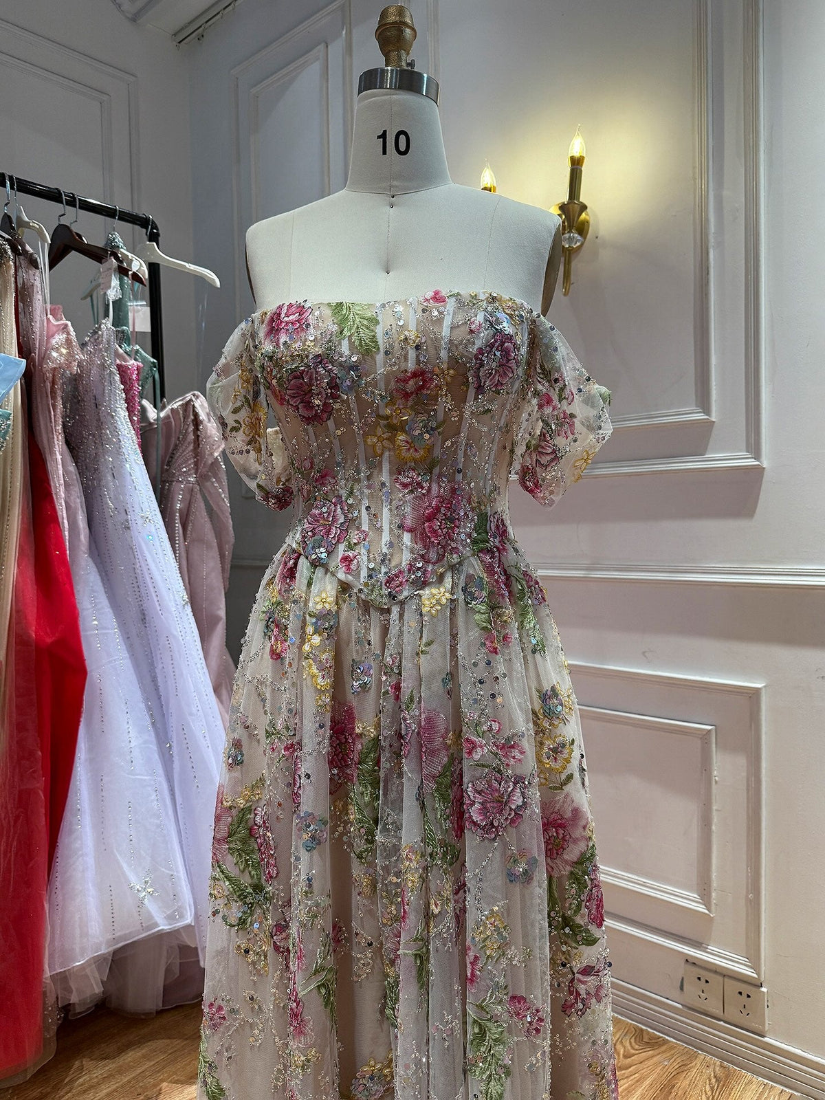 Elegant Pink Floral Beaded Off Shoulder A Line Prom Dress LA72709B
