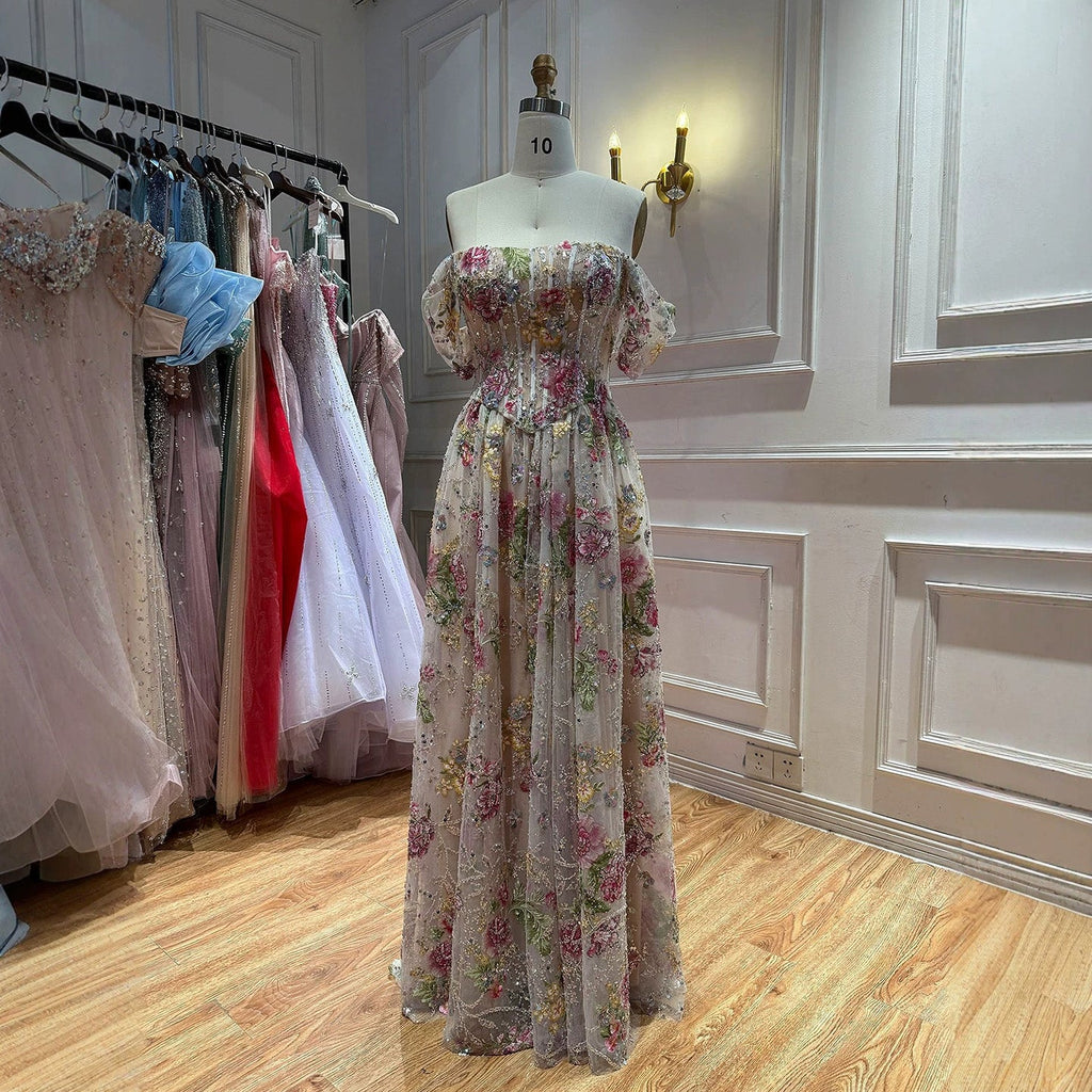 Elegant Pink Floral Beaded Off Shoulder A Line Prom Dress LA72709B