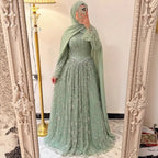 Luxury Sage Green Muslim Long Sleeve A-Line Evening Dress LA72805E