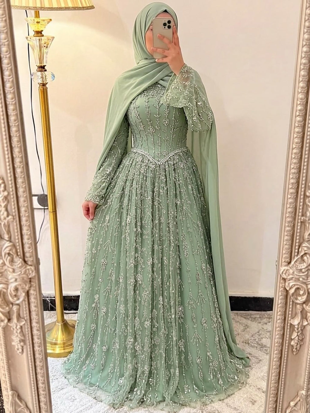 Luxury Sage Green Muslim Long Sleeve A-Line Evening Dress LA72805E