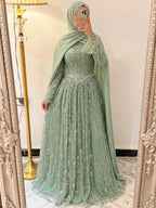 Luxury Sage Green Muslim Long Sleeve A-Line Evening Dress LA72805E