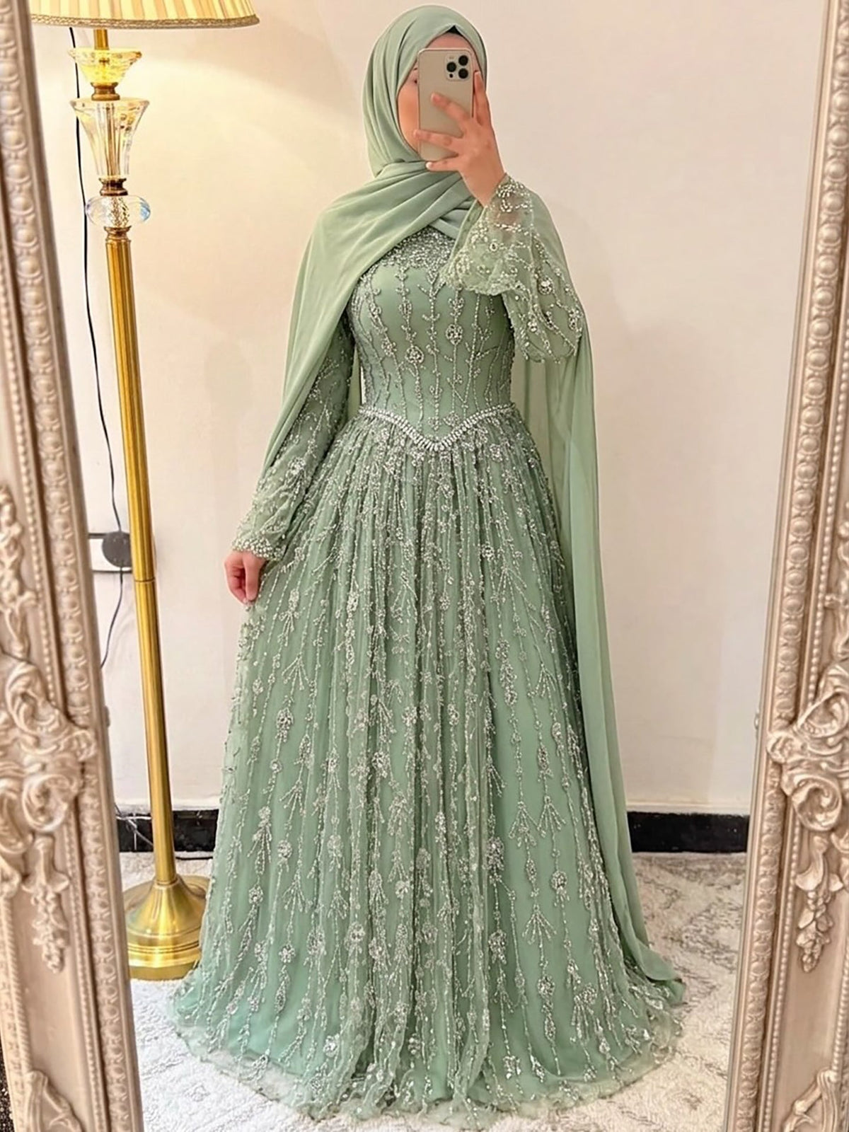 Luxury Sage Green Muslim Long Sleeve A-Line Evening Dress LA72805E