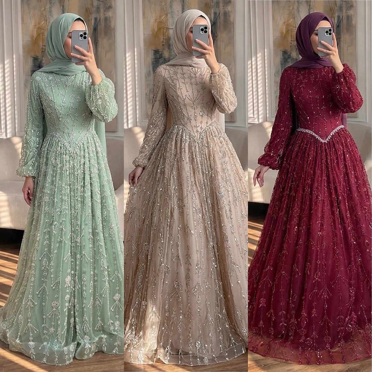 Luxury Sage Green Muslim Long Sleeve A-Line Evening Dress LA72805E