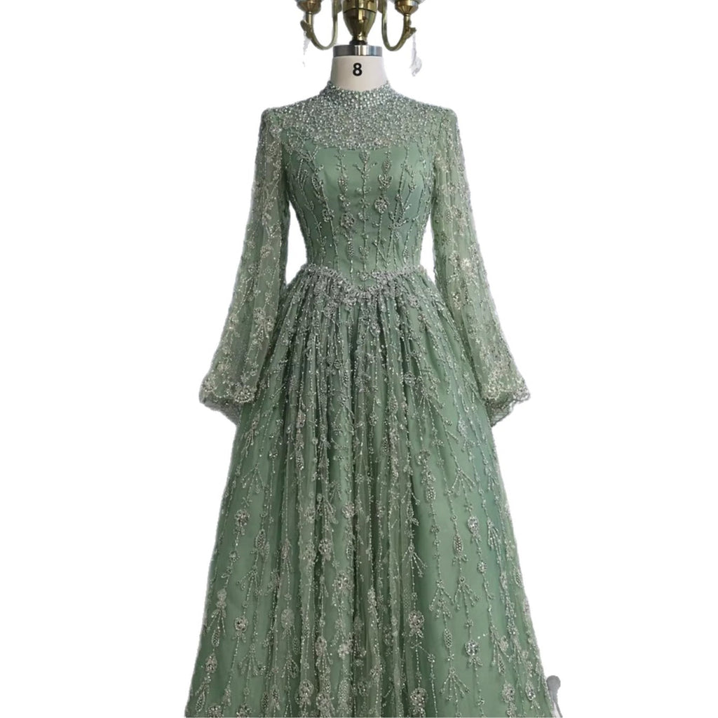 Luxury Sage Green Muslim Long Sleeve A-Line Evening Dress LA72805E