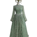 Luxury Sage Green Muslim Long Sleeve A-Line Evening Dress LA72805E