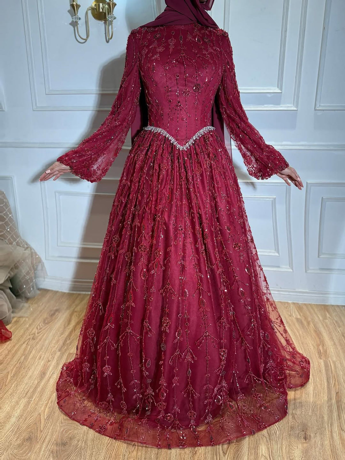 Luxury Sage Green Muslim Long Sleeve A-Line Evening Dress LA72805E