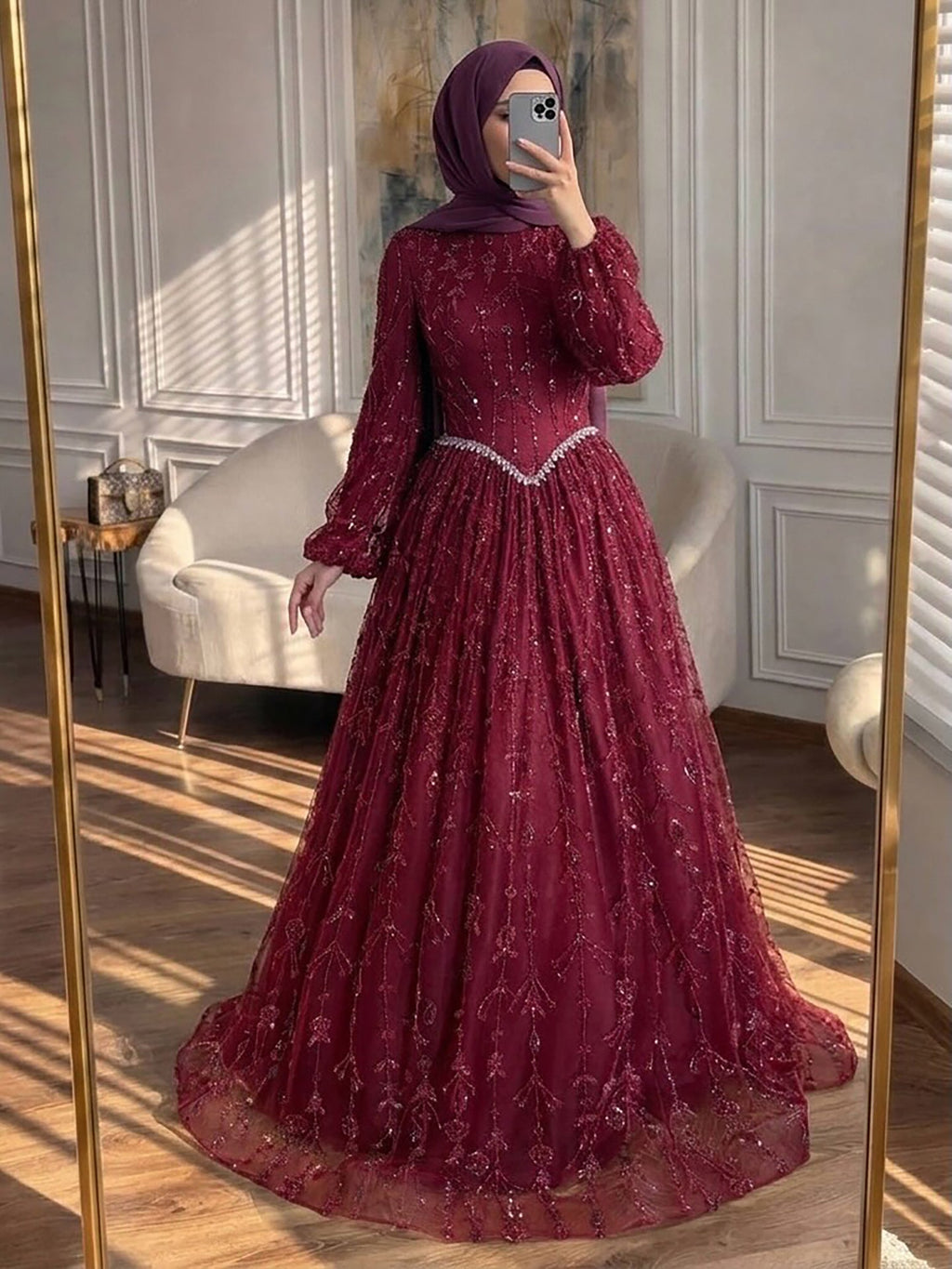 Luxury Sage Green Muslim Long Sleeve A-Line Evening Dress LA72805E