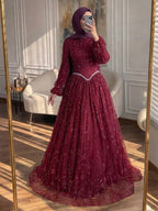 Luxury Sage Green Muslim Long Sleeve A-Line Evening Dress LA72805E