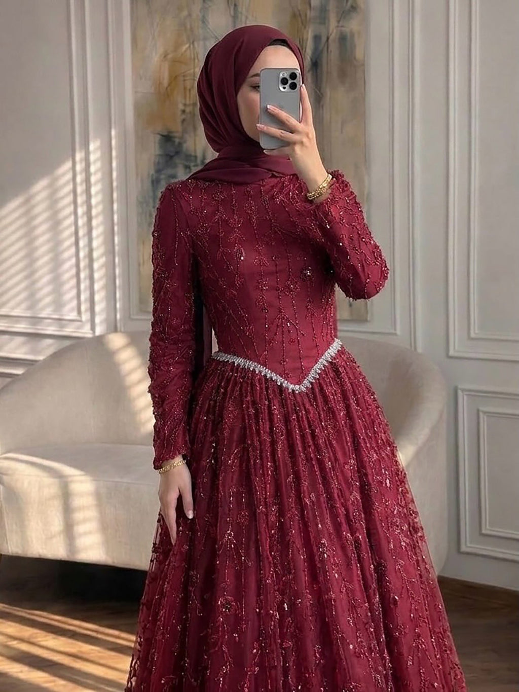 Luxury Sage Green Muslim Long Sleeve A-Line Evening Dress LA72805E