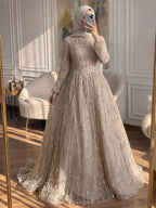 Luxury Sage Green Muslim Long Sleeve A-Line Evening Dress LA72805E