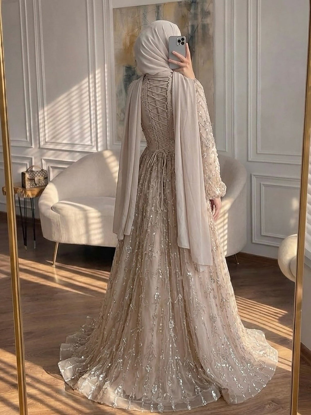 Luxury Sage Green Muslim Long Sleeve A-Line Evening Dress LA72805E