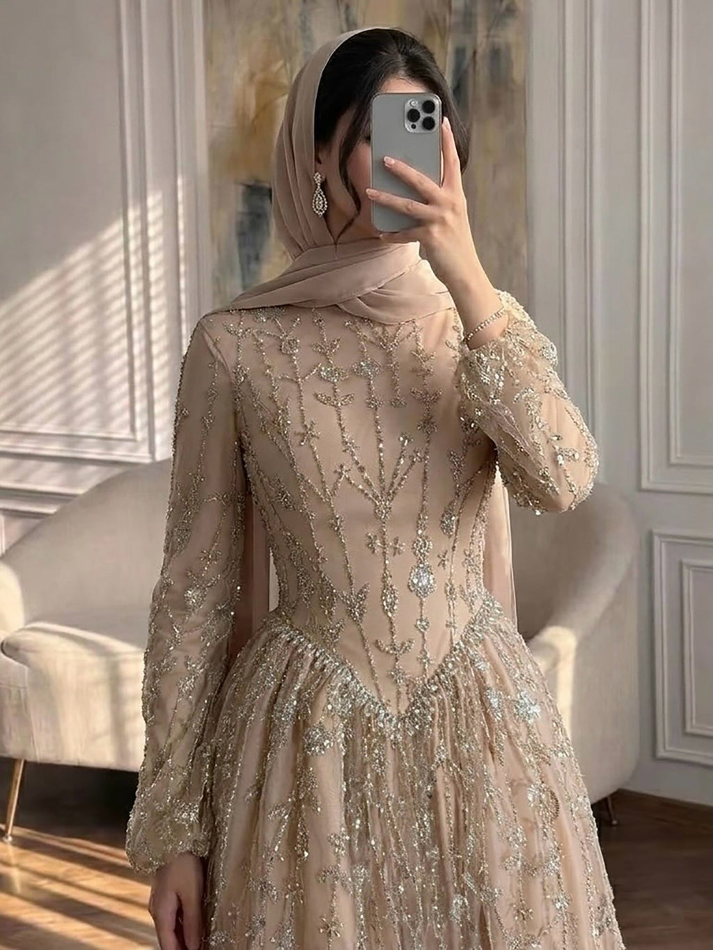 Luxury Sage Green Muslim Long Sleeve A-Line Evening Dress LA72805E