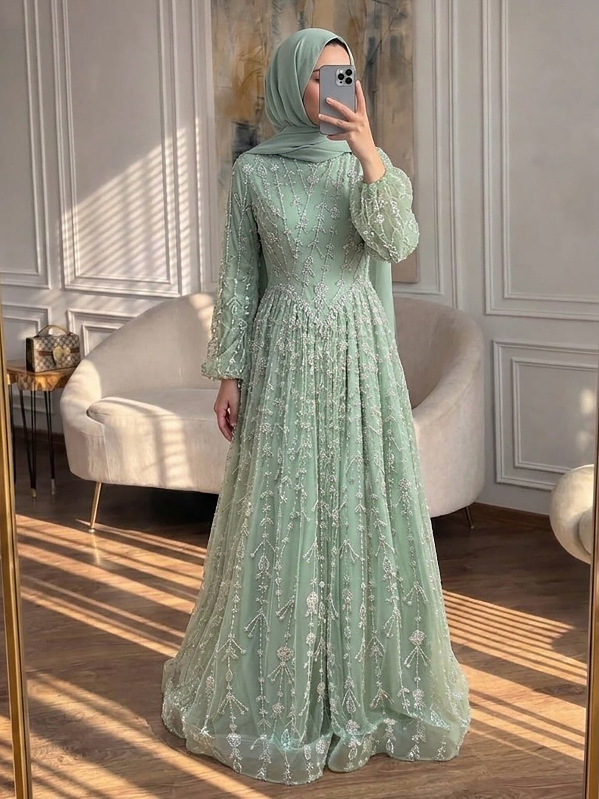 Luxury Sage Green Muslim Long Sleeve A-Line Evening Dress LA72805E