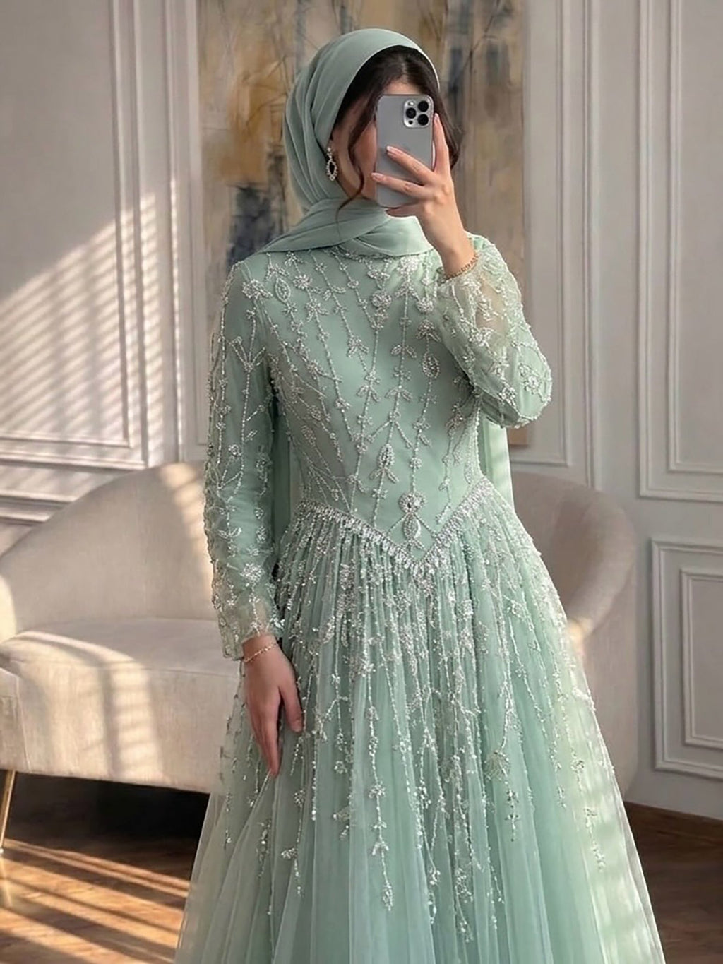 Luxury Sage Green Muslim Long Sleeve A-Line Evening Dress LA72805E