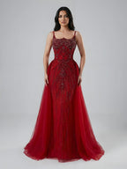 Luxury Dubai Nude Saudi Beaded Spaghetti Strap Evening Dress with Overskirt LA72810