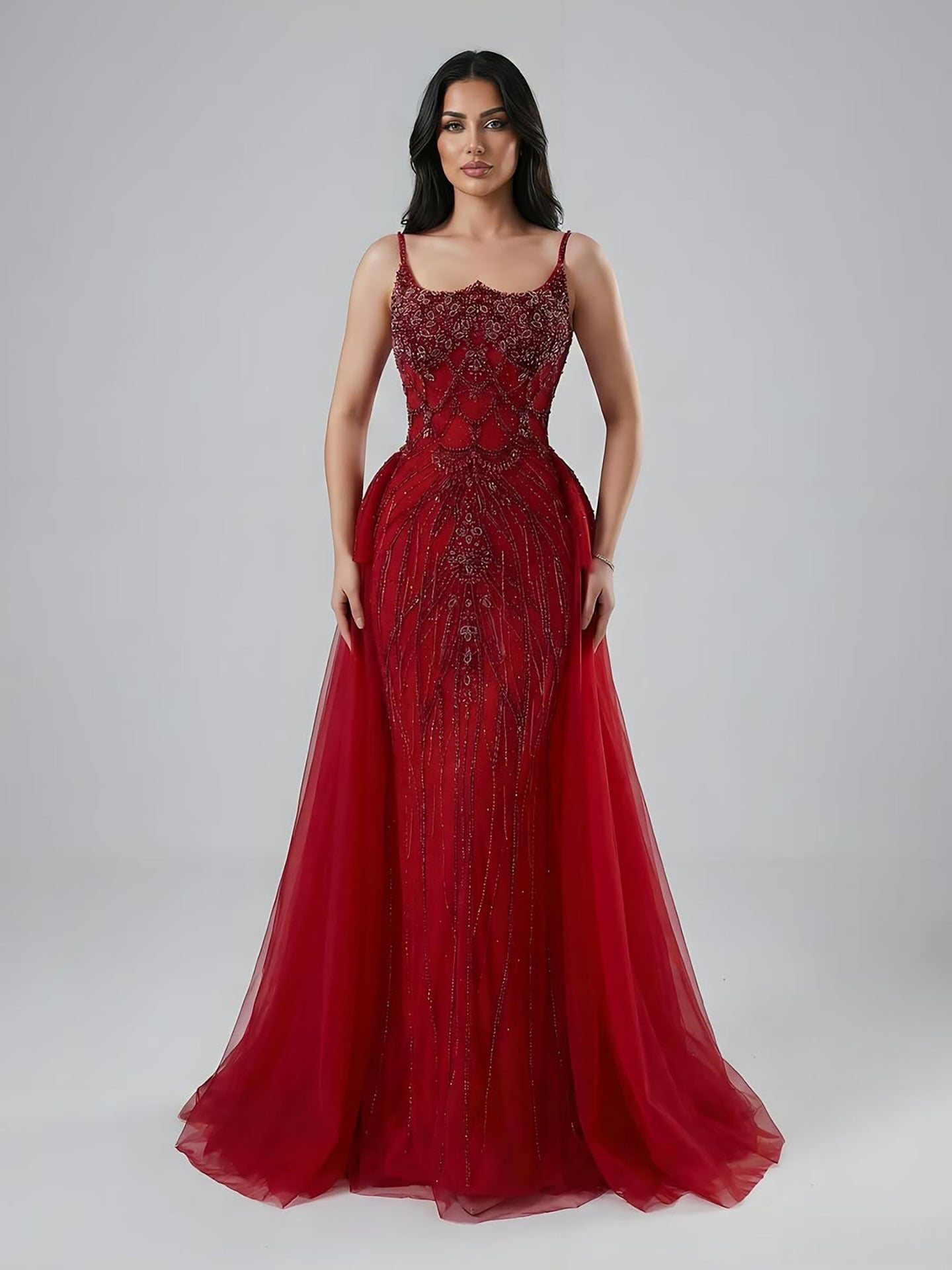 Luxury Dubai Nude Saudi Beaded Spaghetti Strap Evening Dress with Overskirt LA72810