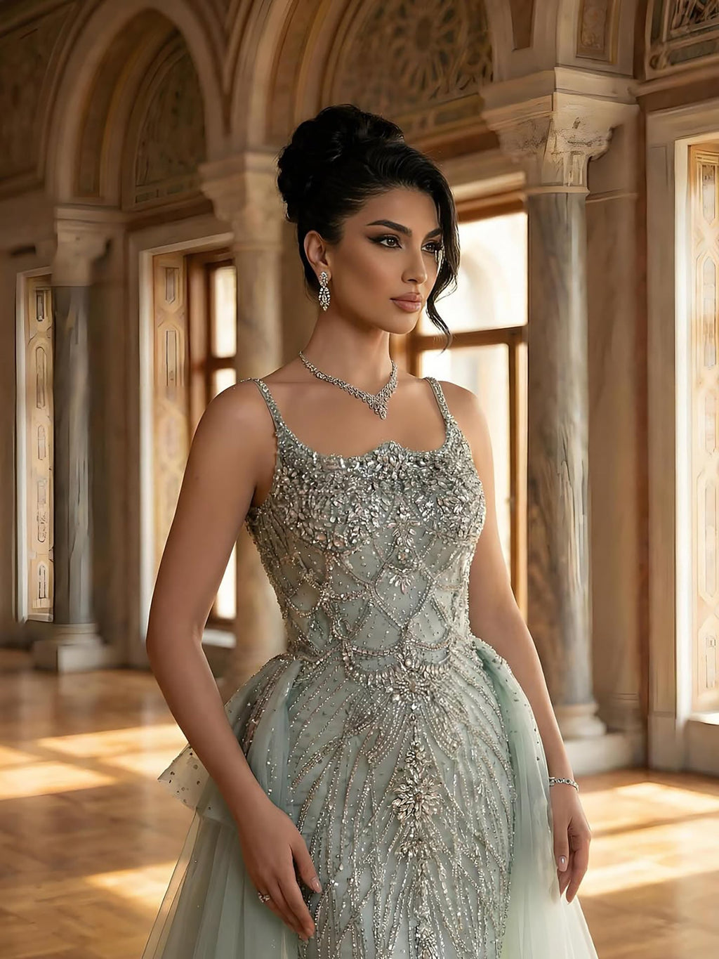 Luxury Dubai Nude Saudi Beaded Spaghetti Strap Evening Dress with Overskirt LA72810