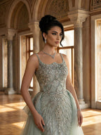 Luxury Dubai Nude Saudi Beaded Spaghetti Strap Evening Dress with Overskirt LA72810