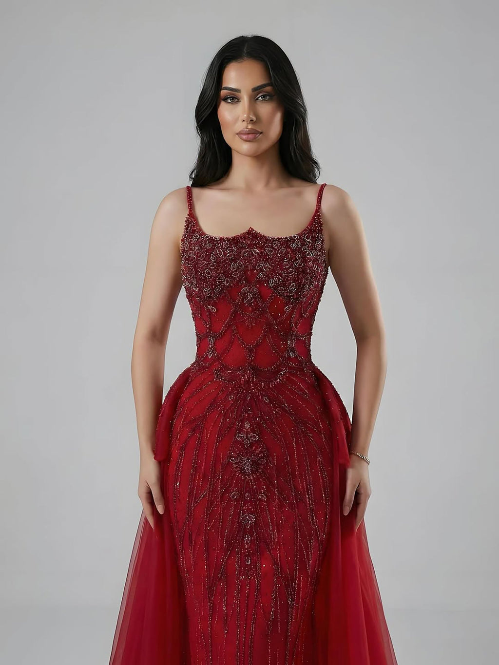 Luxury Dubai Nude Saudi Beaded Spaghetti Strap Evening Dress with Overskirt LA72810