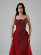 Luxury Dubai Nude Saudi Beaded Spaghetti Strap Evening Dress with Overskirt LA72810