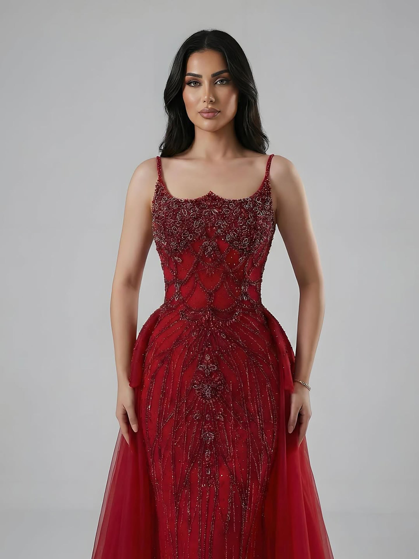 Luxury Dubai Nude Saudi Beaded Spaghetti Strap Evening Dress with Overskirt LA72810