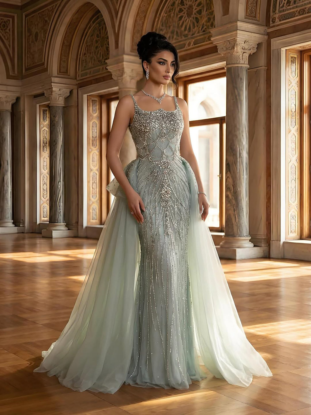 Luxury Dubai Nude Saudi Beaded Spaghetti Strap Evening Dress with Overskirt LA72810