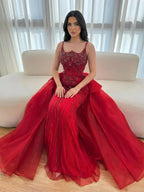 Luxury Dubai Nude Saudi Beaded Spaghetti Strap Evening Dress with Overskirt LA72810