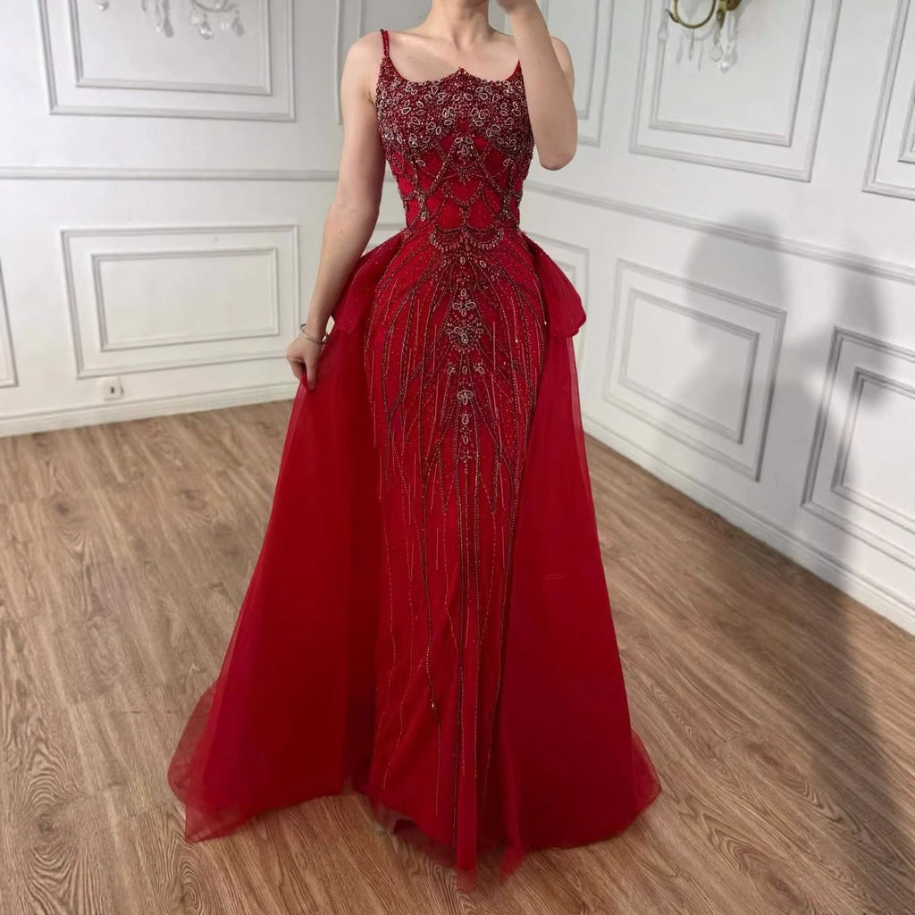 Luxury Dubai Nude Saudi Beaded Spaghetti Strap Evening Dress with Overskirt LA72810