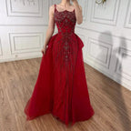 Luxury Dubai Nude Saudi Beaded Spaghetti Strap Evening Dress with Overskirt LA72810