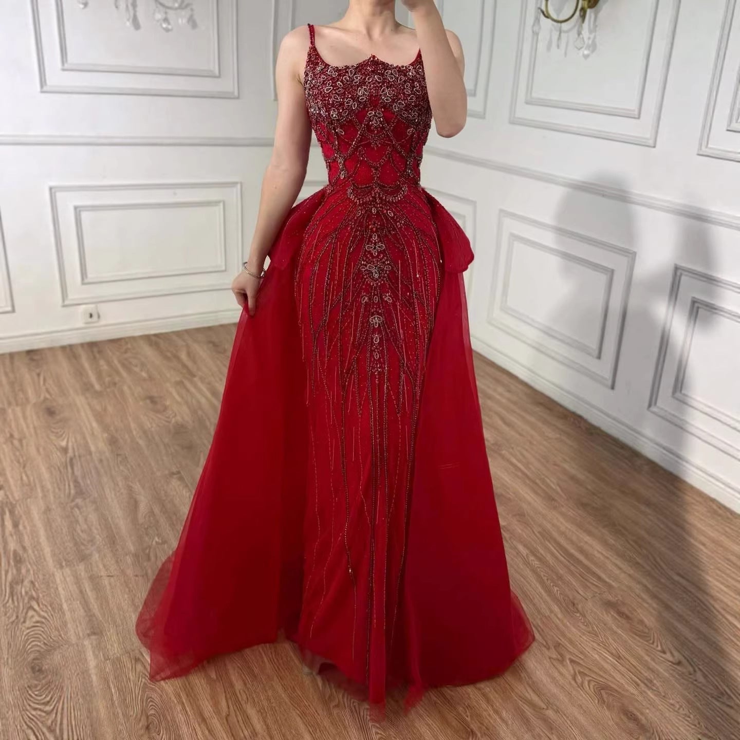 Luxury Dubai Nude Saudi Beaded Spaghetti Strap Evening Dress with Overskirt LA72810