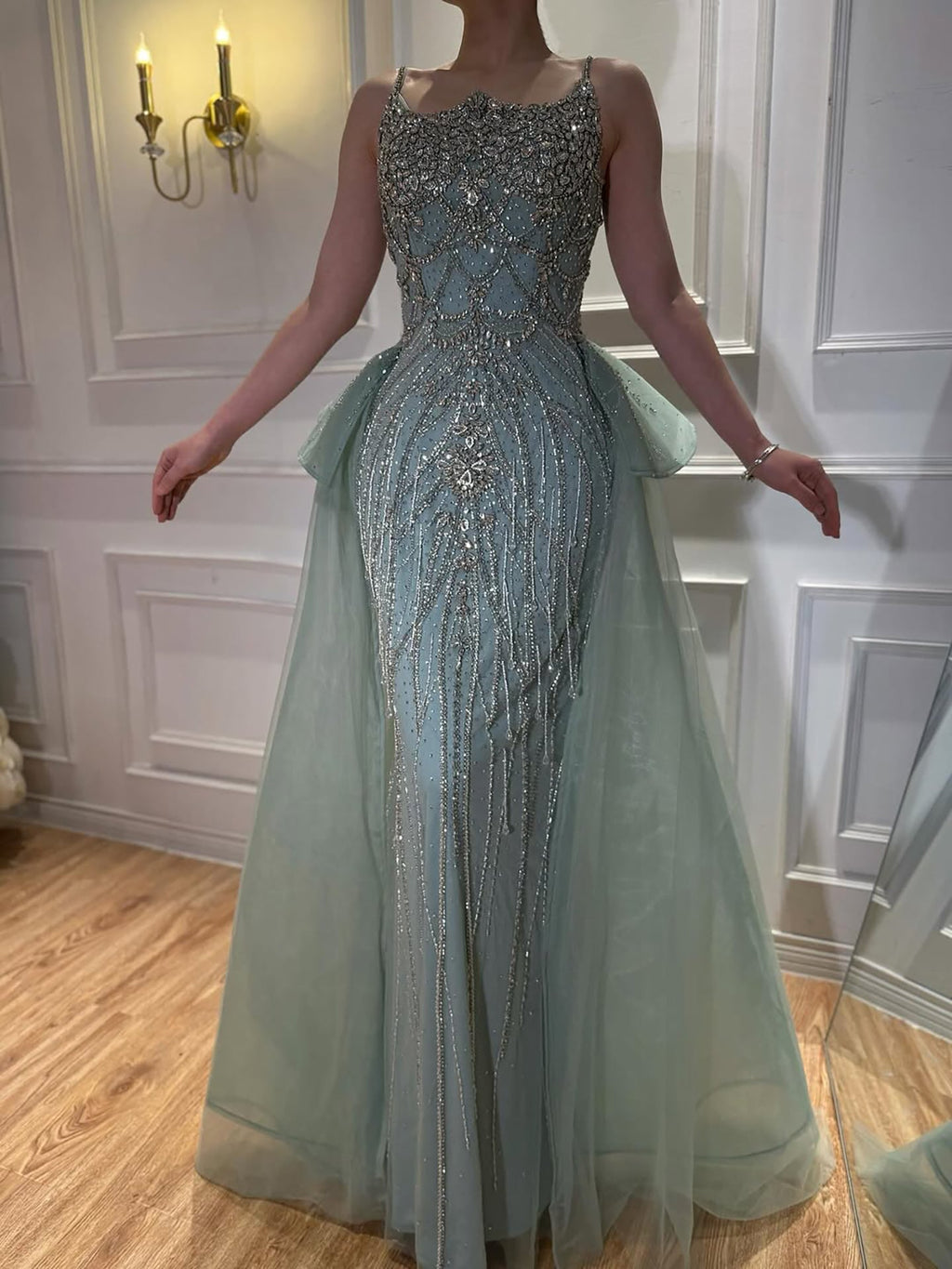 Luxury Dubai Nude Saudi Beaded Spaghetti Strap Evening Dress with Overskirt LA72810