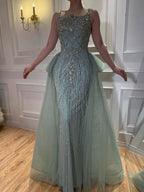 Luxury Dubai Nude Saudi Beaded Spaghetti Strap Evening Dress with Overskirt LA72810