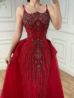 Luxury Dubai Nude Saudi Beaded Spaghetti Strap Evening Dress with Overskirt LA72810