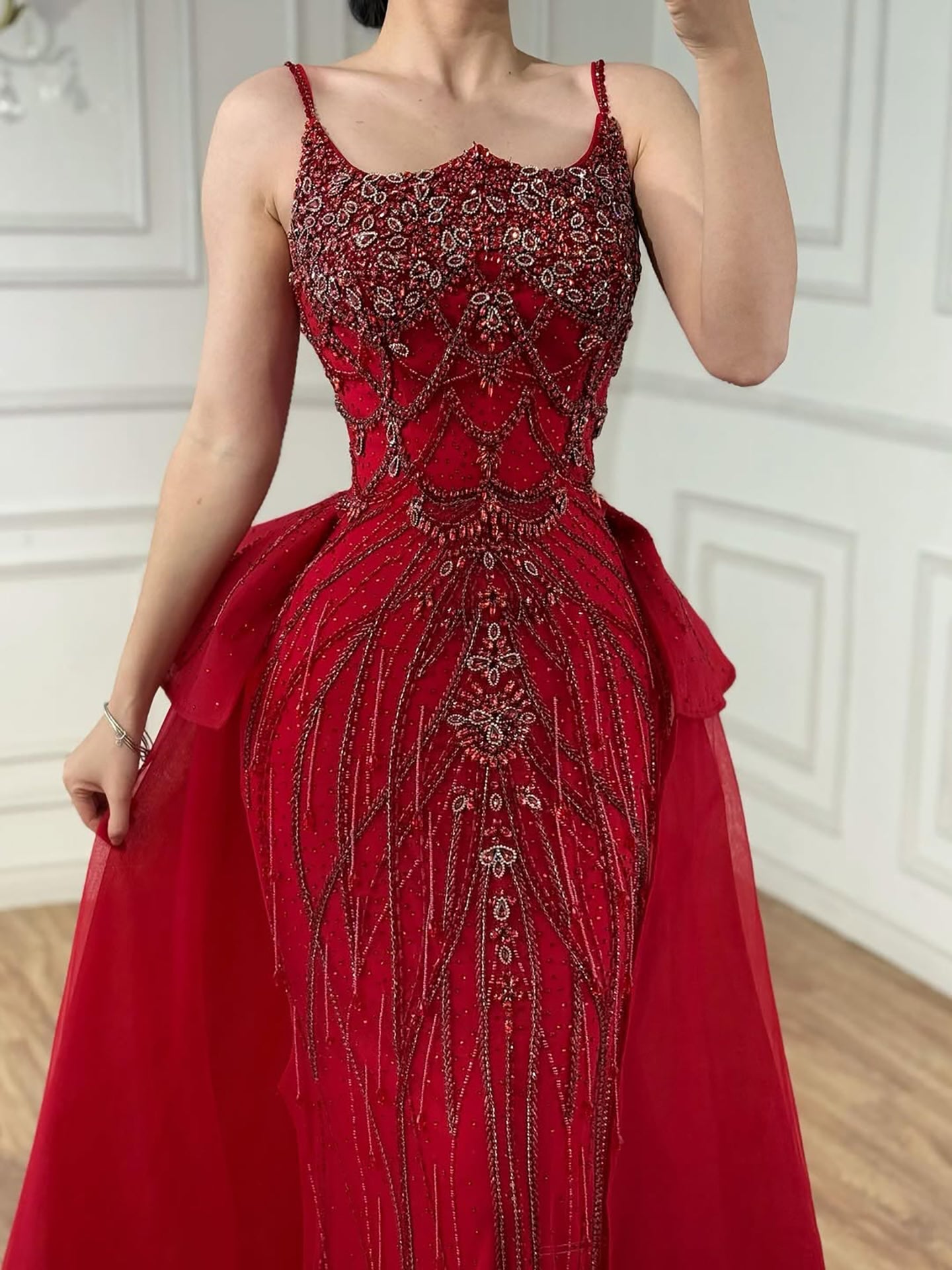 Luxury Dubai Nude Saudi Beaded Spaghetti Strap Evening Dress with Overskirt LA72810