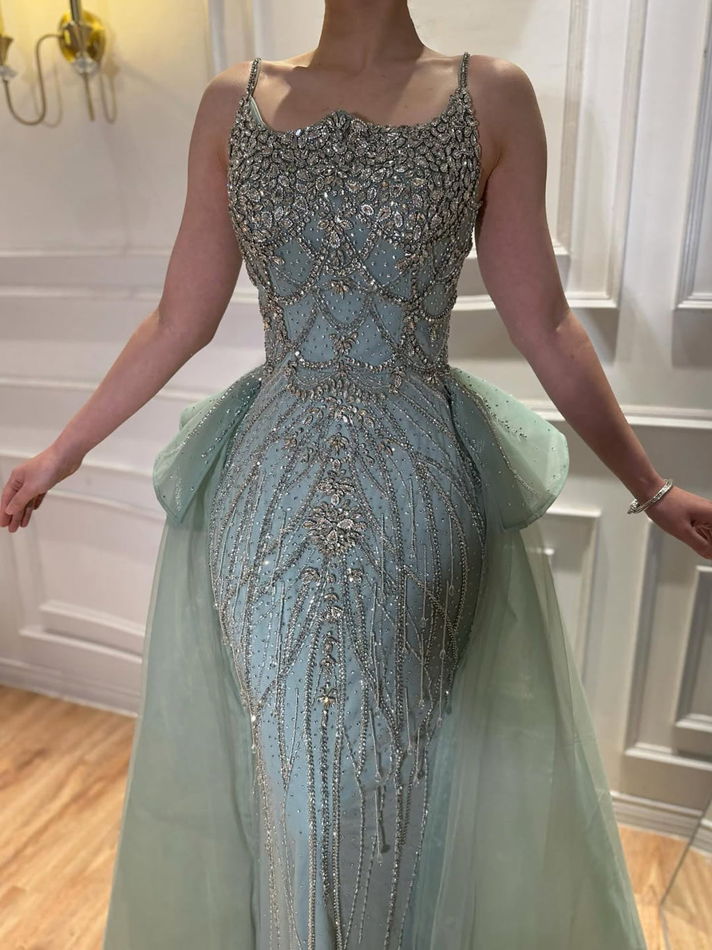 Luxury Dubai Nude Saudi Beaded Spaghetti Strap Evening Dress with Overskirt LA72810