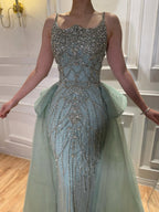 Luxury Dubai Nude Saudi Beaded Spaghetti Strap Evening Dress with Overskirt LA72810