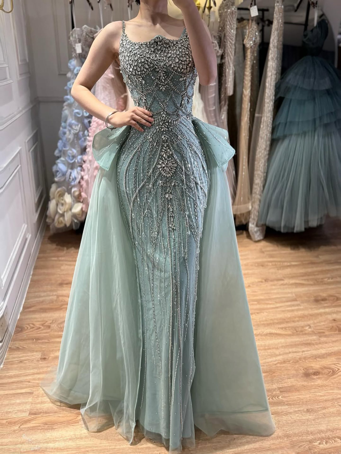 Luxury Dubai Nude Saudi Beaded Spaghetti Strap Evening Dress with Overskirt LA72810