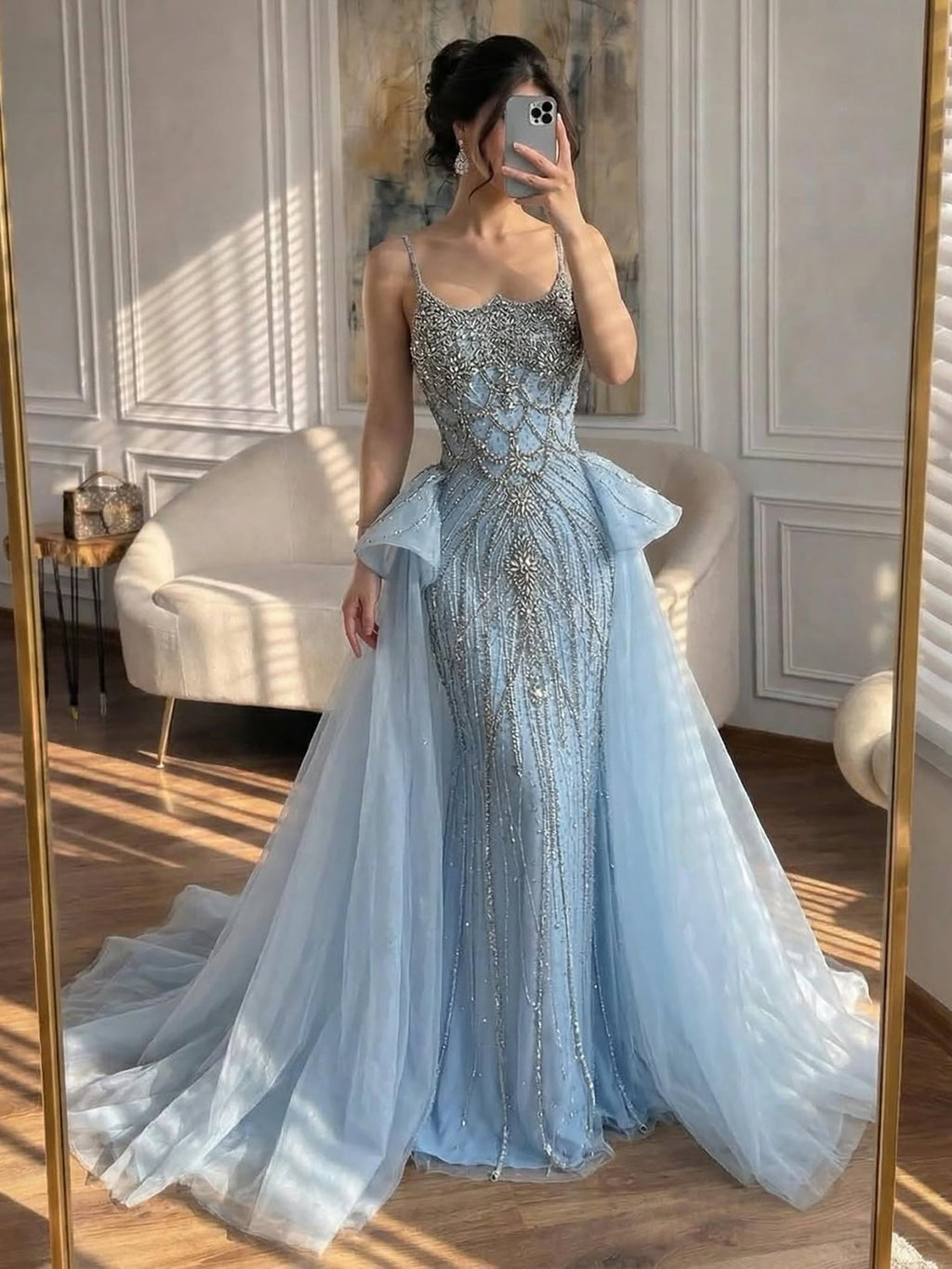 Luxury Dubai Nude Saudi Beaded Spaghetti Strap Evening Dress with Overskirt LA72810