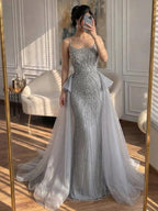 Luxury Dubai Nude Saudi Beaded Spaghetti Strap Evening Dress with Overskirt LA72810