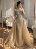 Luxury Dubai Nude Saudi Beaded Spaghetti Strap Evening Dress with Overskirt LA72810