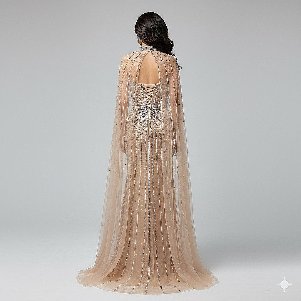 Luxury Dubai Caramel Beaded Evening Dress With Cape LA72811C