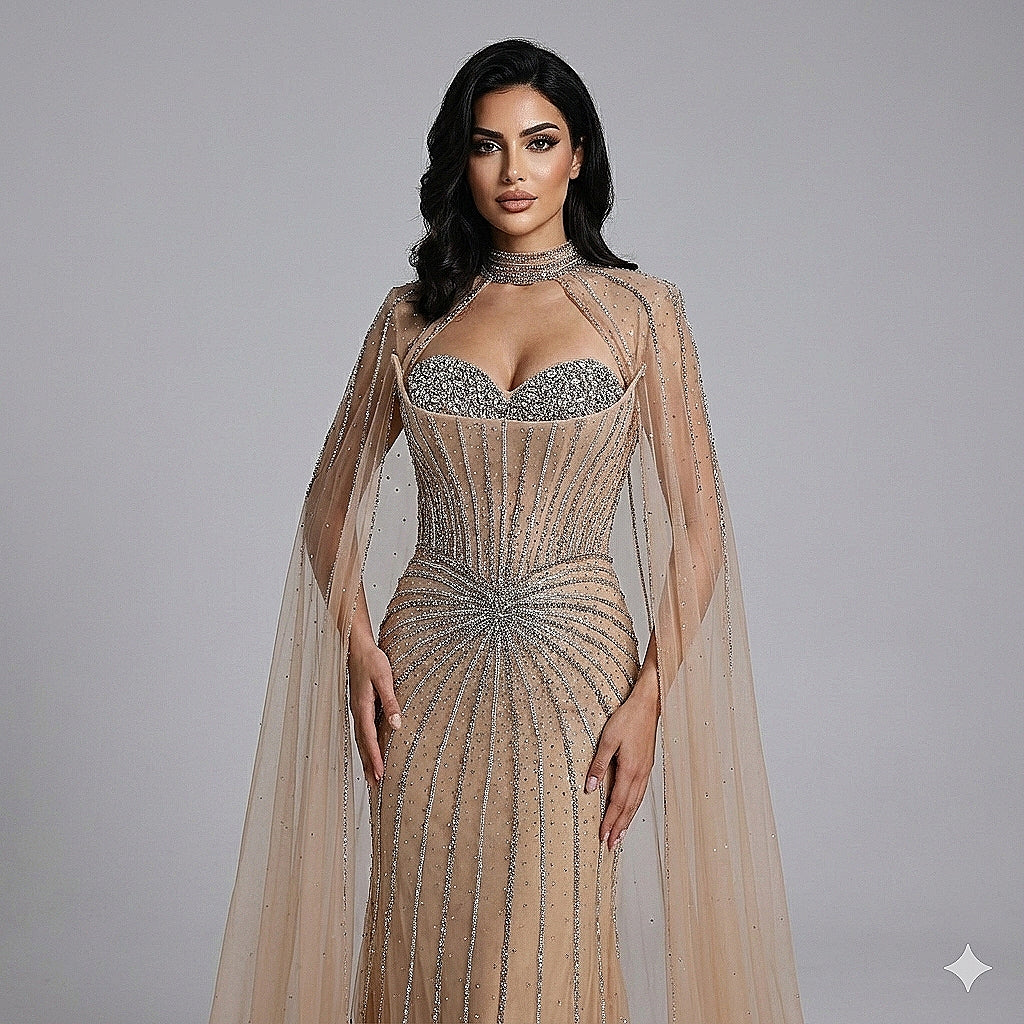 Luxury Dubai Caramel Beaded Evening Dress With Cape LA72811C