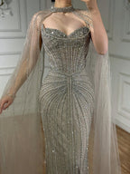Luxury Dubai Caramel Beaded Evening Dress With Cape LA72811C