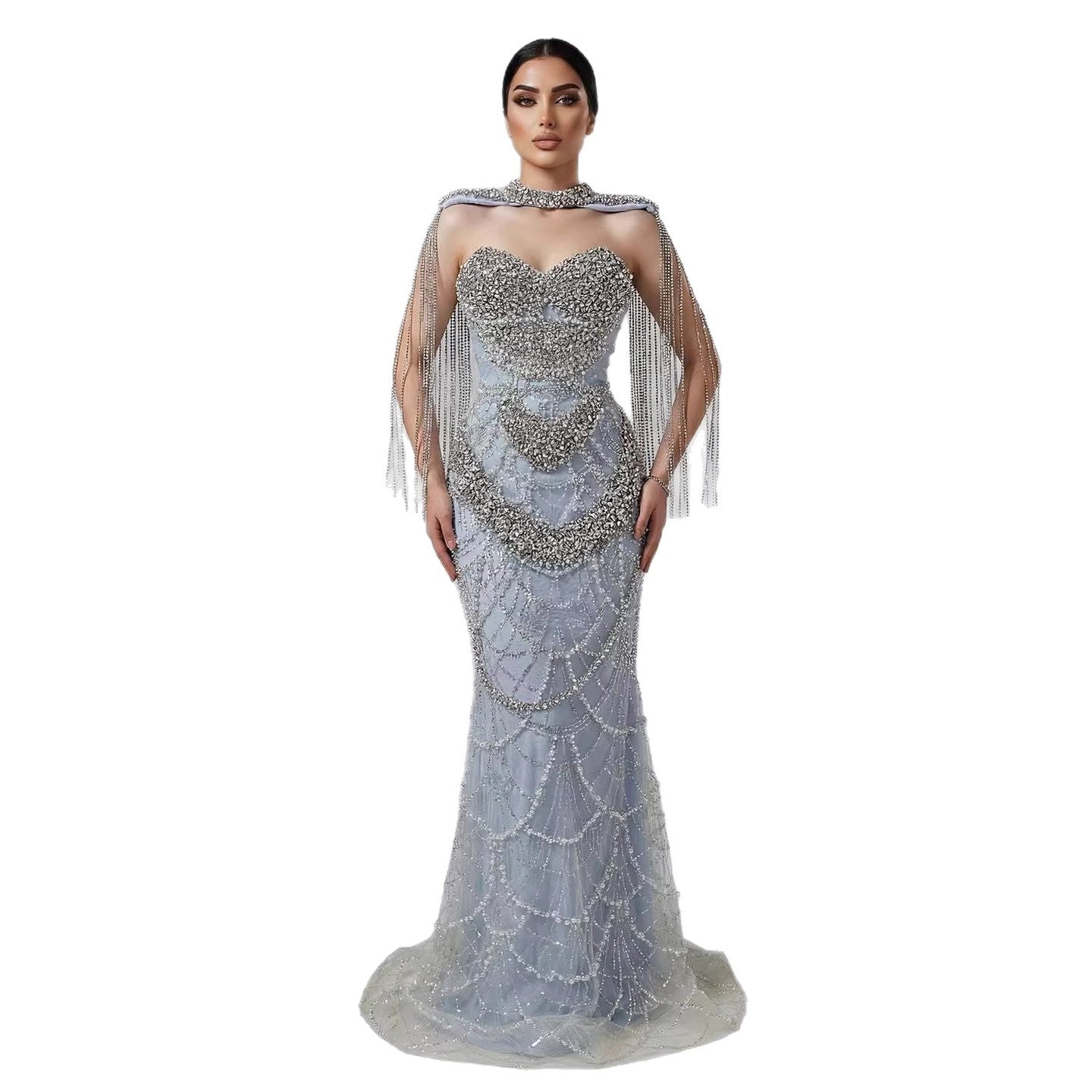 Nude Luxury Beaded Evening Dress with Tassel Short Cape LA72876