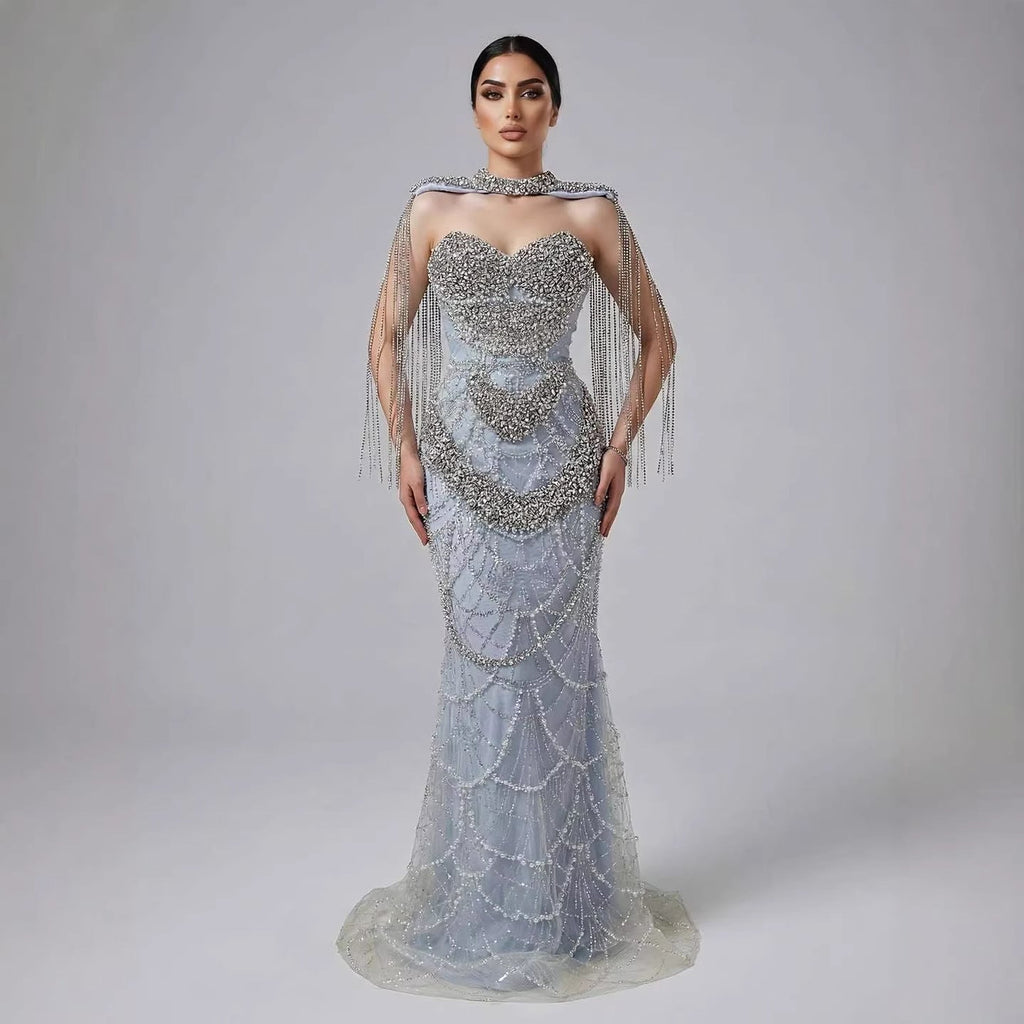 Nude Luxury Beaded Evening Dress with Tassel Short Cape LA72876