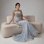 Nude Luxury Beaded Evening Dress with Tassel Short Cape LA72876