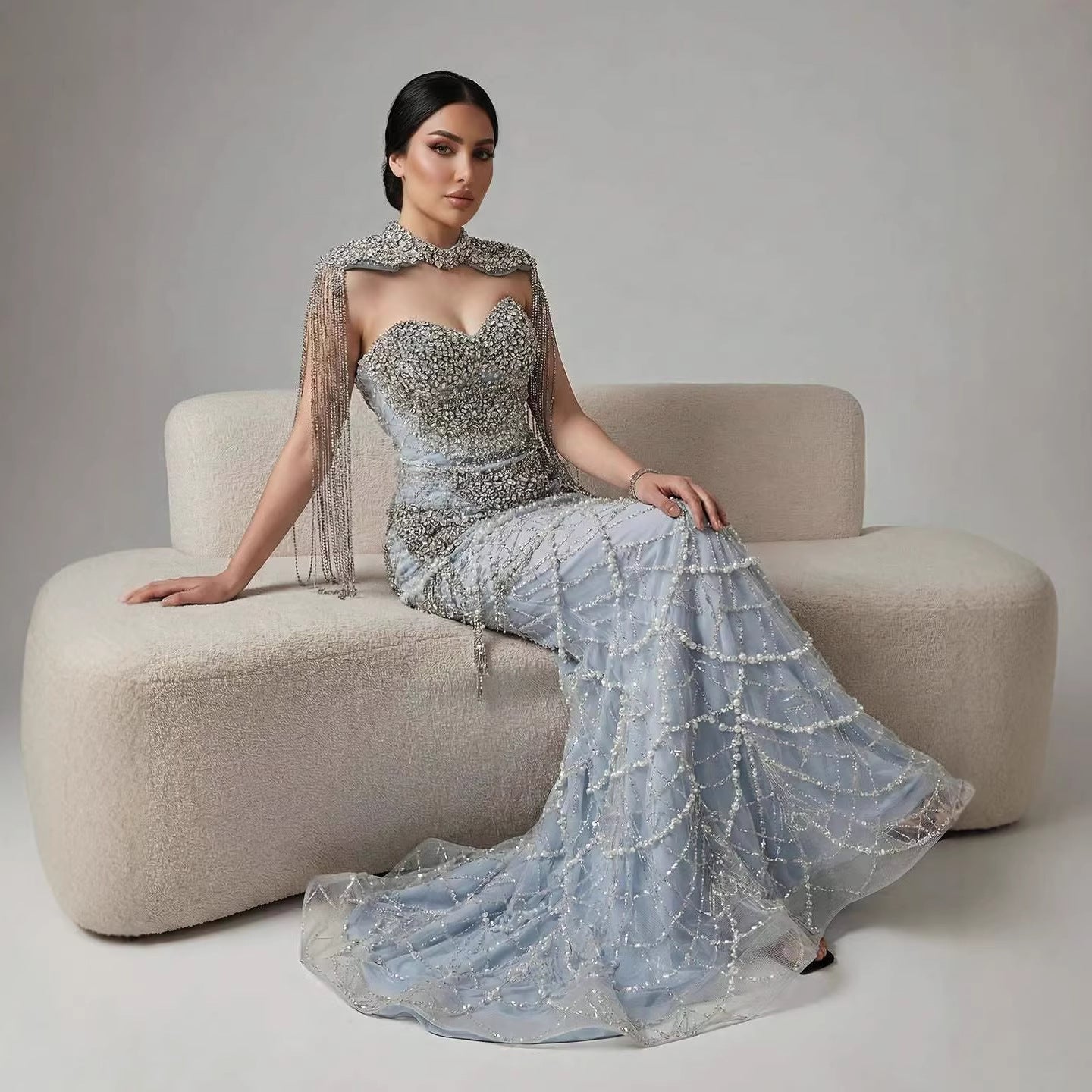 Nude Luxury Beaded Evening Dress with Tassel Short Cape LA72876